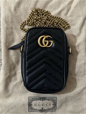 Gucci Black Quilted Matelassé Crossbody with Gold GG Chain